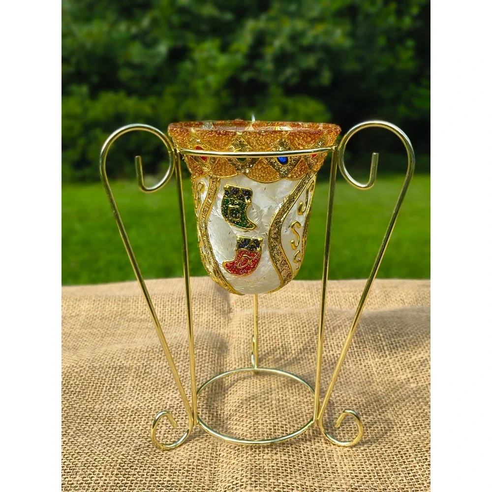 Christmas Stocking Votive Candle Holder with Gold Wire Stand Jewel Accents